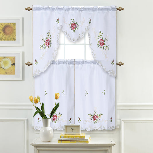 Home Décor Drapery Light Filtering Rod Pocket Lace Embroidered Kitchen Window Curtain Swag Valance and Tier Set, Pink Red Rose Floral