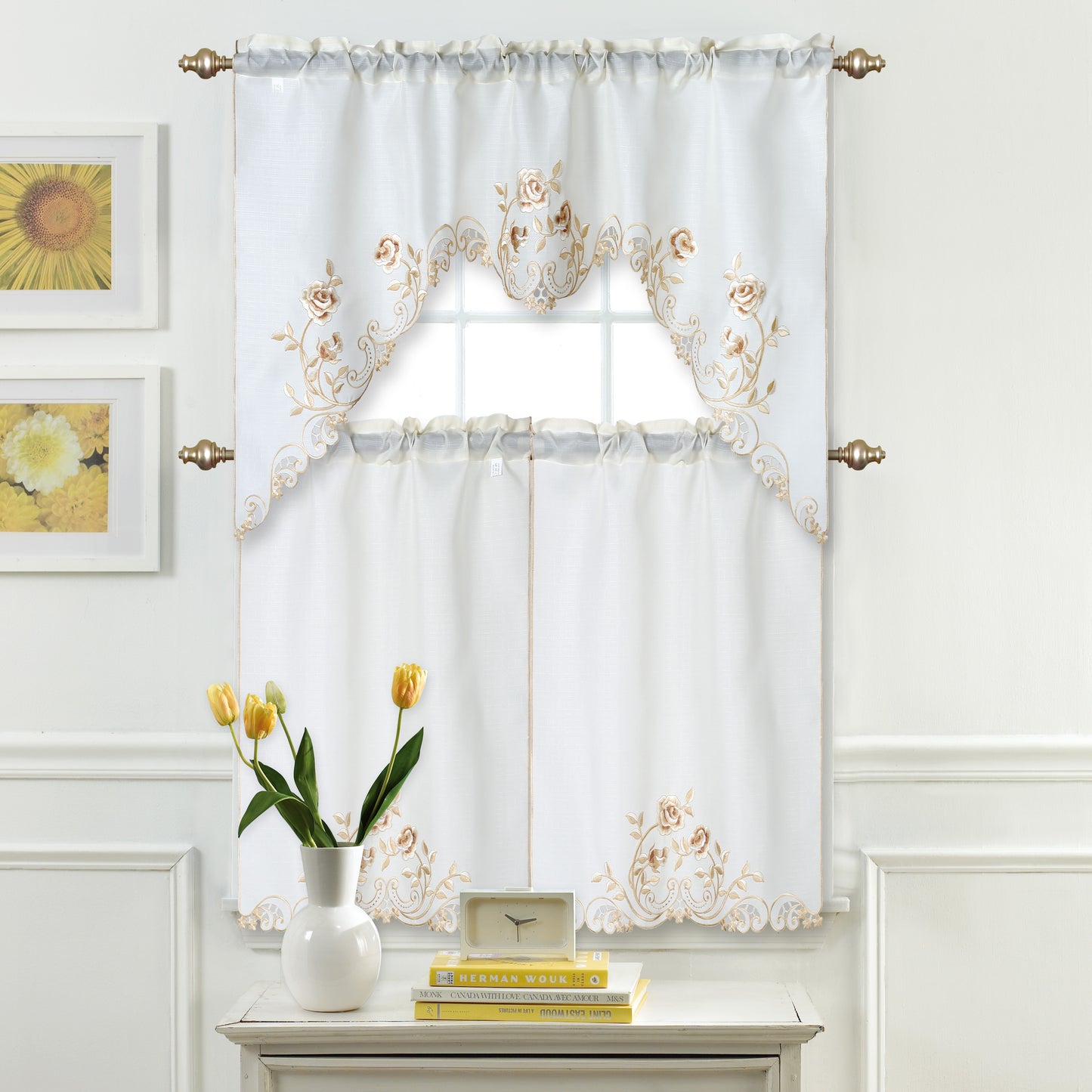 Home Décor Drapery Light Filtering Rod Pocket Lace Embroidered Kitchen Window Curtain Swag Valance and Tier Set, Taupe Rose Floral