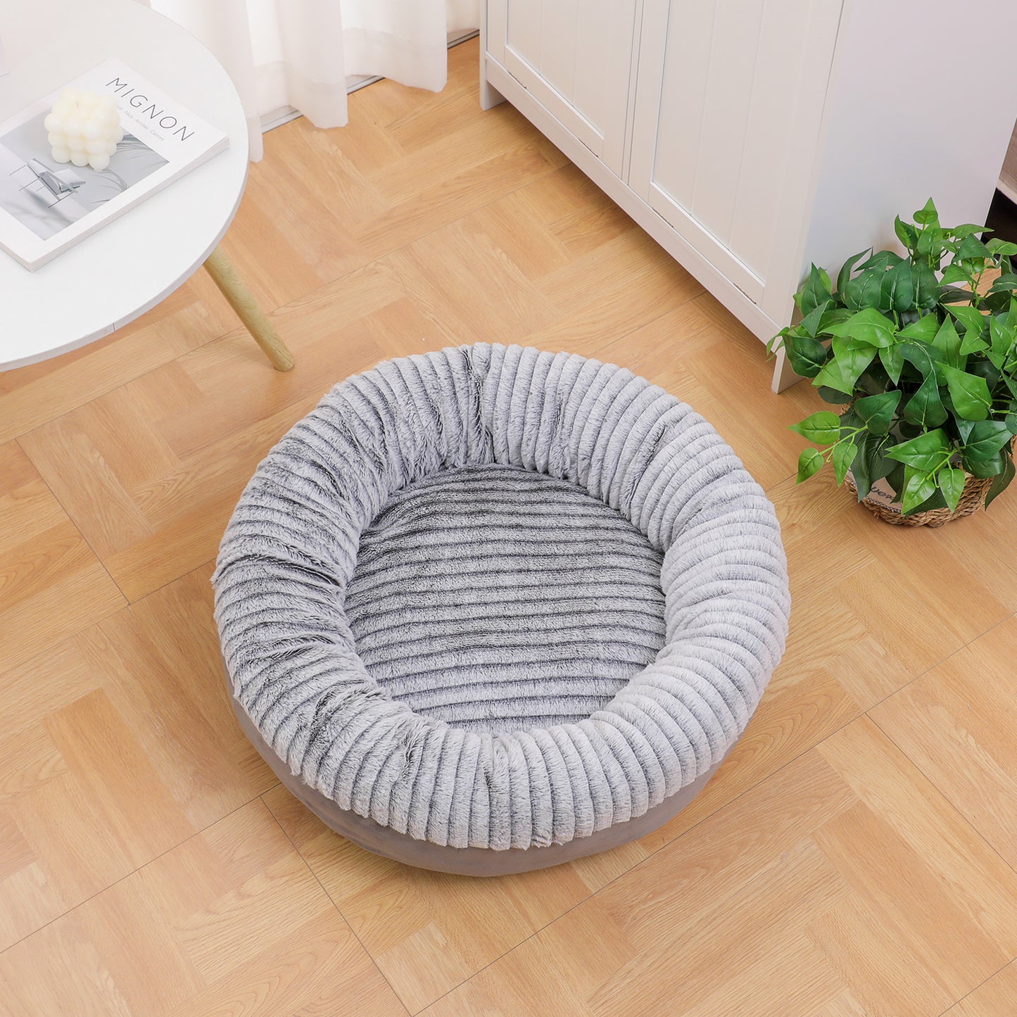 Donut Orthopedic Dog Bed, Cat Puppy Mat with Sides Bolster, Soft Fluffy Pet Sofa, Anti-Slip Bottom, Grey 24 Inch Round