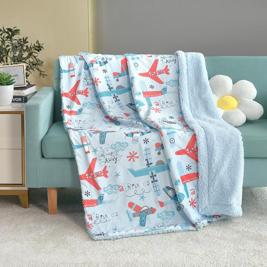 Kid Printed Fluffy Plush Soft Warm Flannel Fleece Children Throw Sherpa Kids Blanket, 40" x 50" Blue Airplane Kingdom