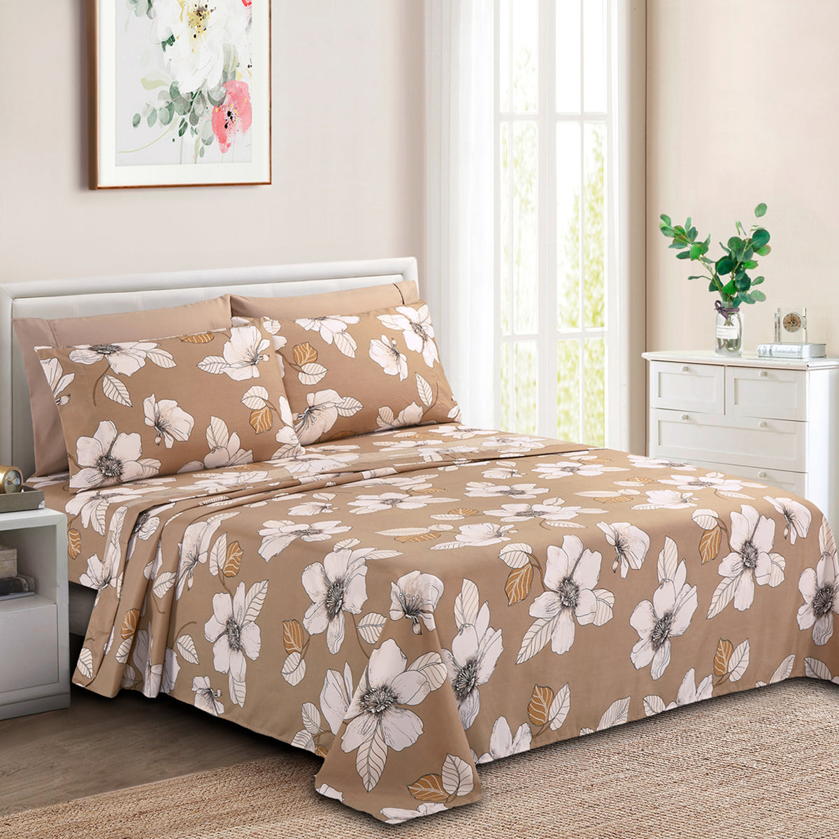 Printed Rayon from Bamboo Soft Deep Pocket Bedding All Season Sheet Set, Taupe Beige Elegant Floral