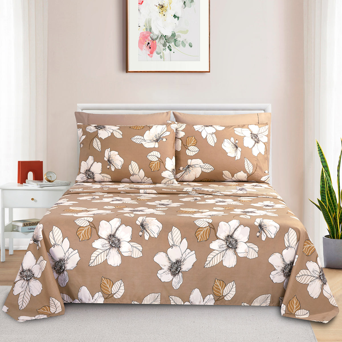 Printed Rayon from Bamboo Soft Deep Pocket Bedding All Season Sheet Set, Taupe Beige Elegant Floral
