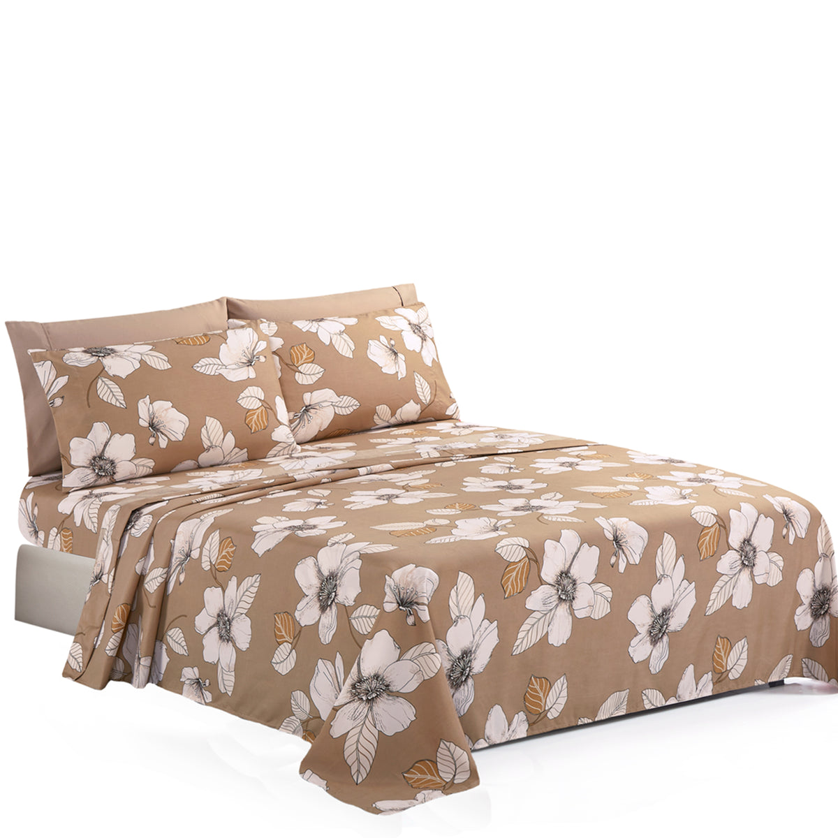 Printed Rayon from Bamboo Soft Deep Pocket Bedding All Season Sheet Set, Taupe Beige Elegant Floral