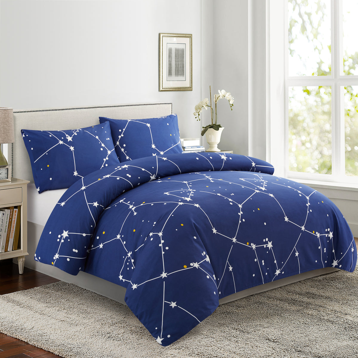 Back to School Sales Printed Bedding Set Navy Blue Asterism Pattern Full Size