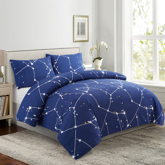 Printed Rayon from Bamboo Soft All Season Duvet Cover Fitted Sheet Ensemble Bedding Set with Zipper and Corner Tie, Navy Blue Asterism
