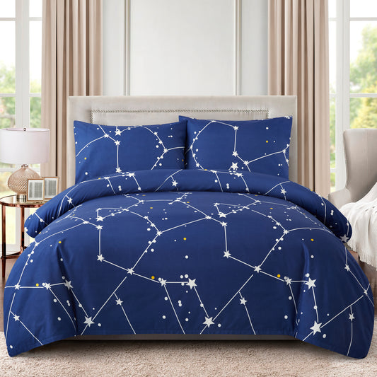 Back to School Sales Printed Bedding Set Navy Blue Asterism Pattern Full Size