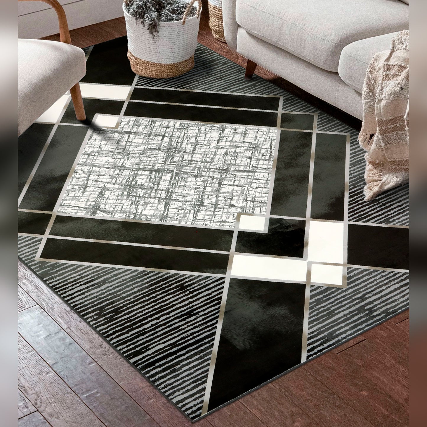 Decor Non-Slip Back Soft Area Carpet Floor Area Rug Indoor Accent Decorative Mat, Modern Black Grey Diamond Geometric Design, 5 x 7 Feet