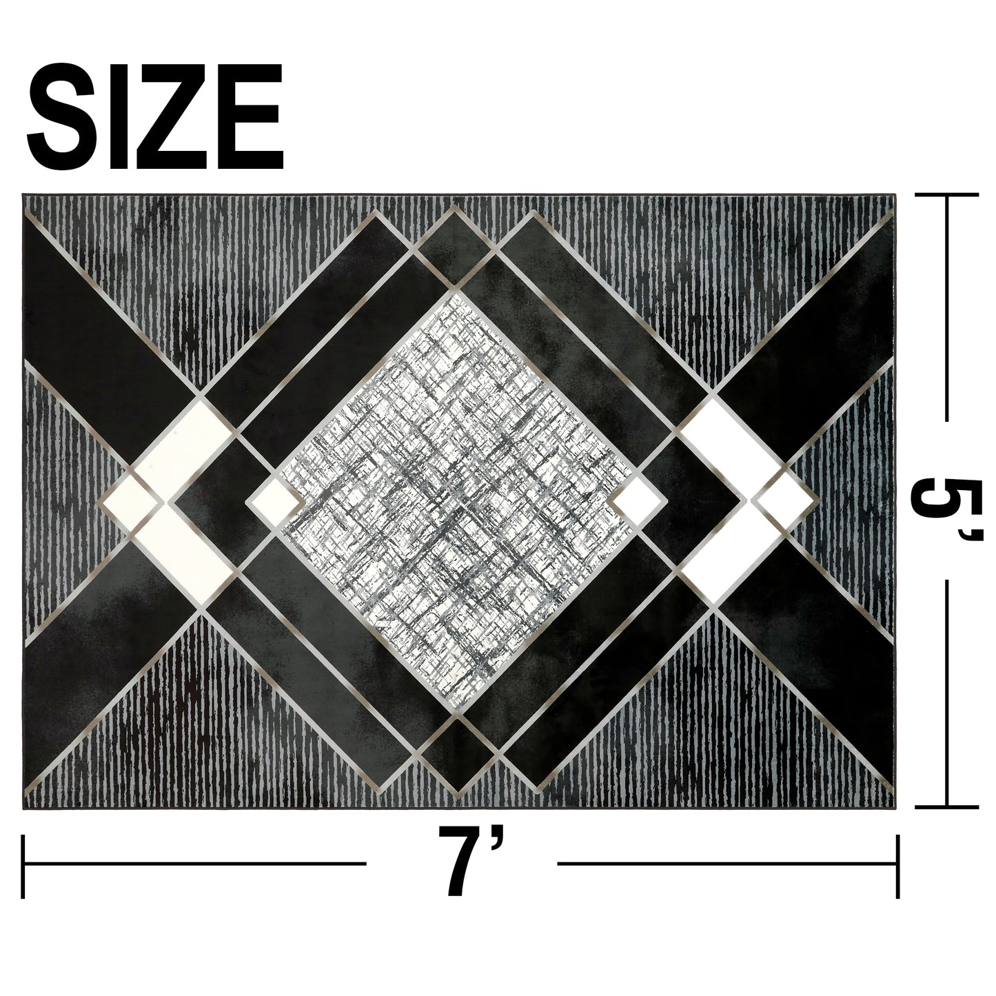 Decor Non-Slip Back Soft Area Carpet Floor Area Rug Indoor Accent Decorative Mat, Modern Black Grey Diamond Geometric Design, 5 x 7 Feet