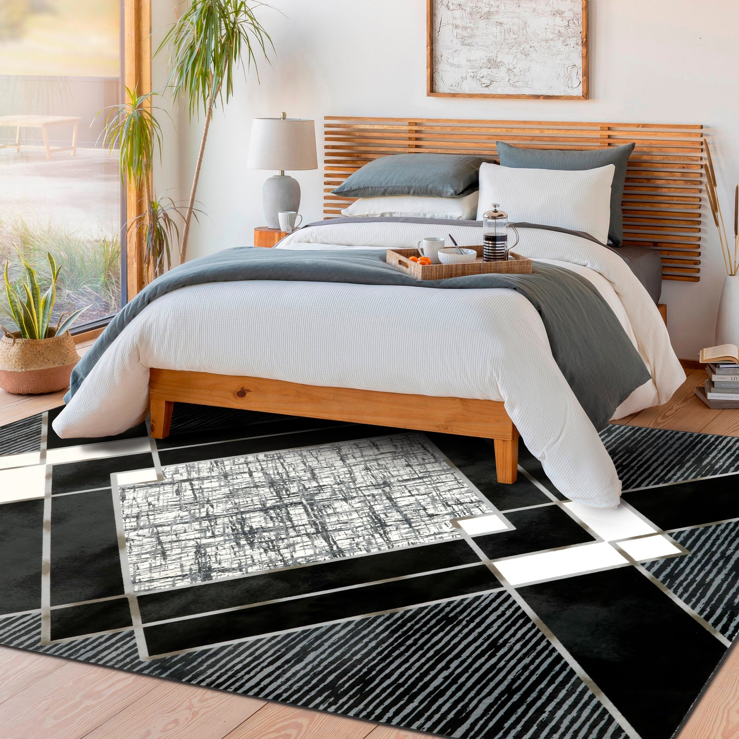 Decor Non-Slip Back Soft Area Carpet Floor Area Rug Indoor Accent Decorative Mat, Modern Black Grey Diamond Geometric Design, 5 x 7 Feet