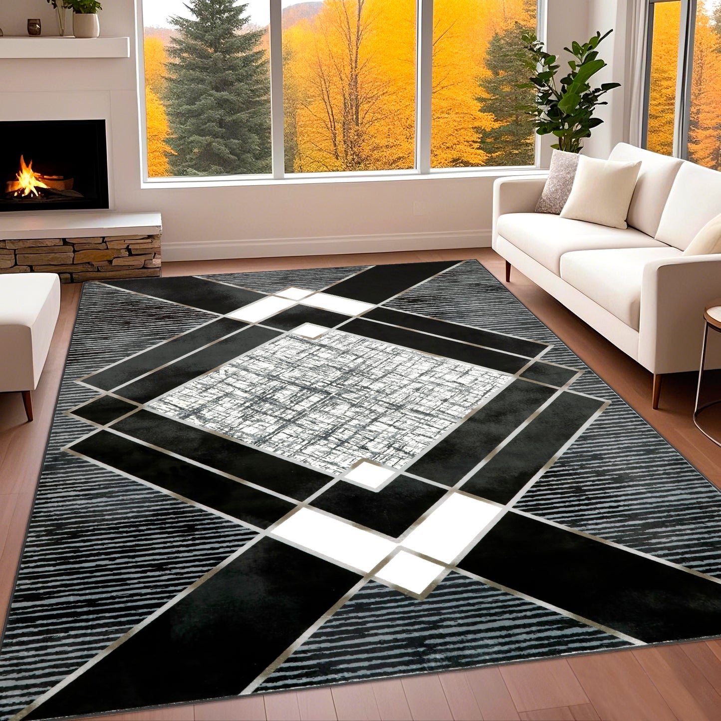 Decor Non-Slip Back Soft Area Carpet Floor Area Rug Indoor Accent Decorative Mat, Modern Black Grey Diamond Geometric Design, 5 x 7 Feet