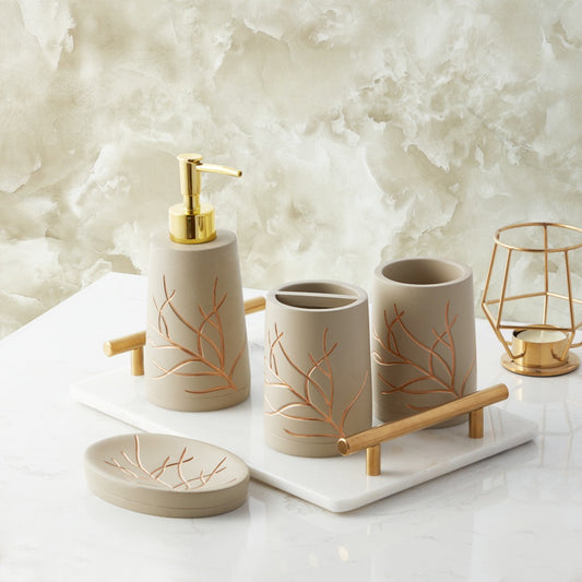 Modern Luxury Décor Bath Accessory Ensemble Bathroom Lotion Dispenser Toothbrush Holder Tumbler Soap Dish, Gold Taupe Branch