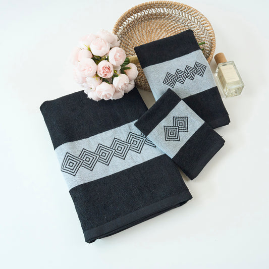 Premium Luxury Decor 100% Cotton Soft Bathroom Modern Embroidered 3 Piece Towel Set, Modern Square Pattern