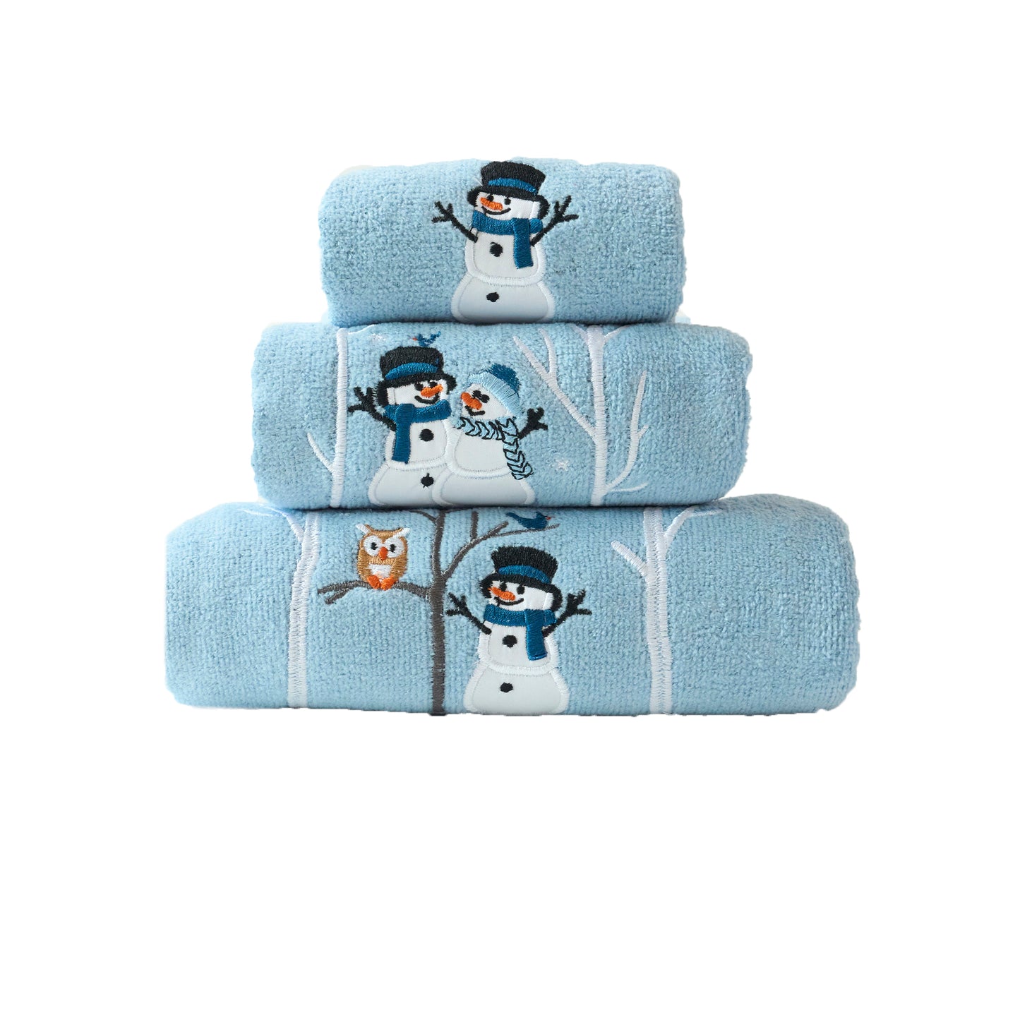 Premium Luxury Xmas Decor Soft 100% Cotton Embroidered Bathroom Christmas 3 Piece Towel Set, Blue Color Snowman