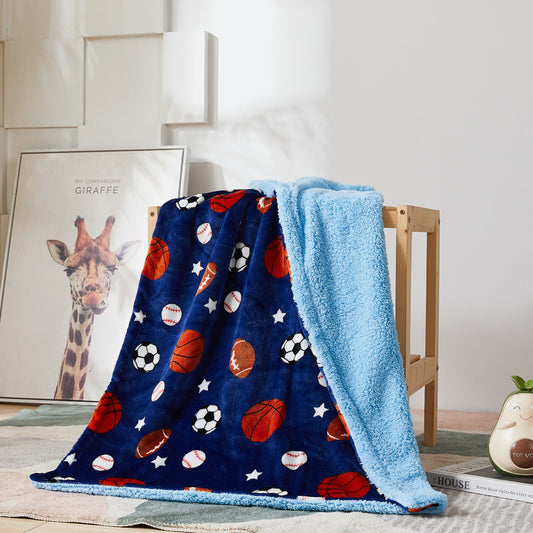 Kid Printed Fluffy Plush Soft Warm Flannel Fleece Children Throw Sherpa Kids Blanket, 30" x 40" Balls and Stars with Navy Blue