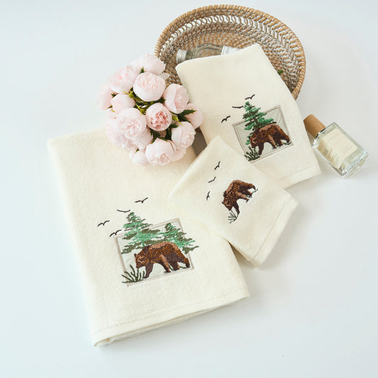 Premium Luxury Decor 100% Cotton Soft Bathroom Modern Embroidered 3 Piece Towel Set, Bear Pattern