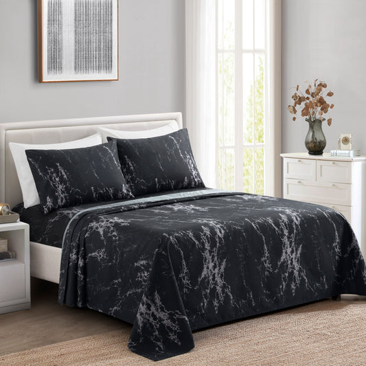 Printed Rayon from Bamboo Soft Deep Pocket Bedding All Season Sheet Set, Modern Black Marble