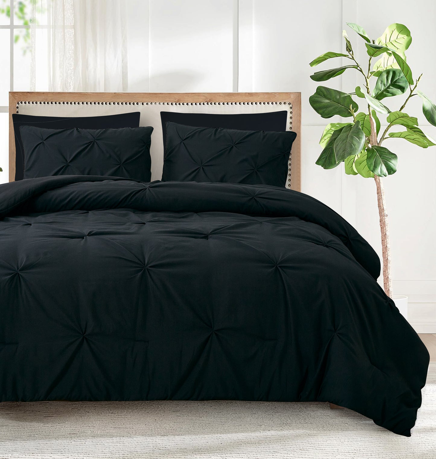 Pintuck Soft Luxury Fluffy Goose Down Alternative Solid Geometric Tufted Bedding Pinch Pleated Comforter Set, Black Color