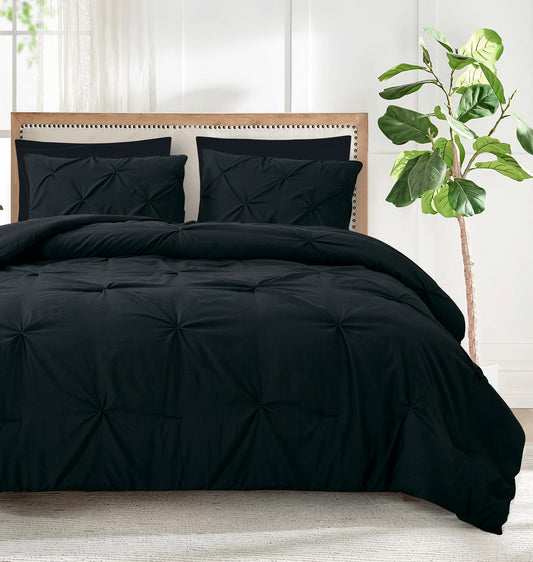 Pintuck Soft Luxury Fluffy Goose Down Alternative Solid Geometric Tufted Bedding Pinch Pleated Comforter Set, Black Color
