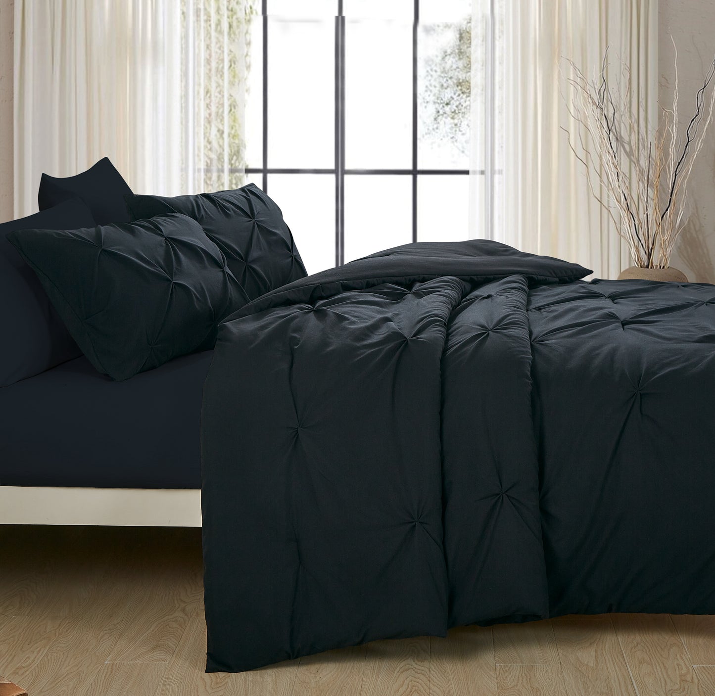 Pintuck Soft Luxury Fluffy Goose Down Alternative Solid Geometric Tufted Bedding Pinch Pleated Comforter Set, Black Color