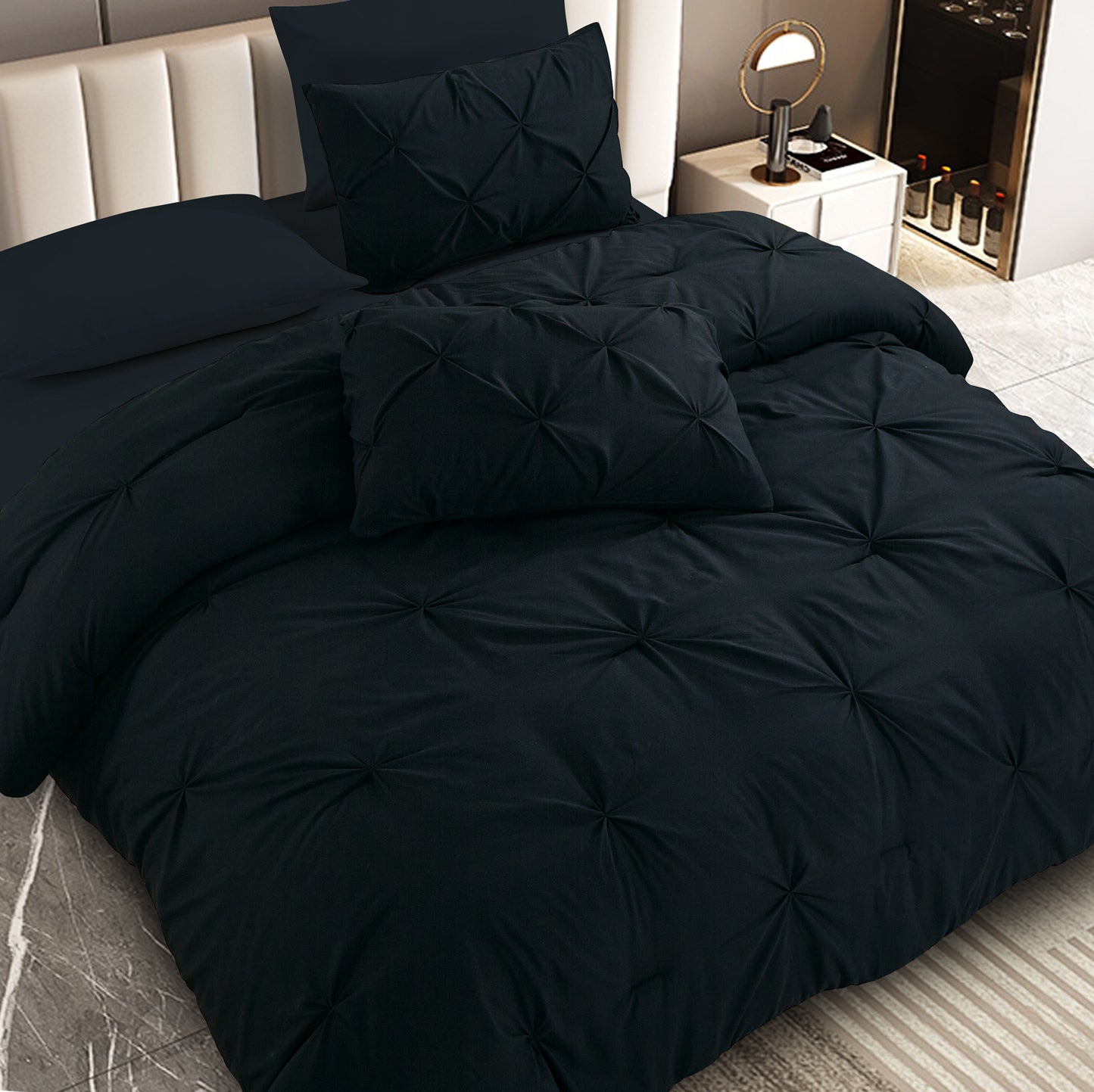 Pintuck Soft Luxury Fluffy Goose Down Alternative Solid Geometric Tufted Bedding Pinch Pleated Comforter Set, Black Color