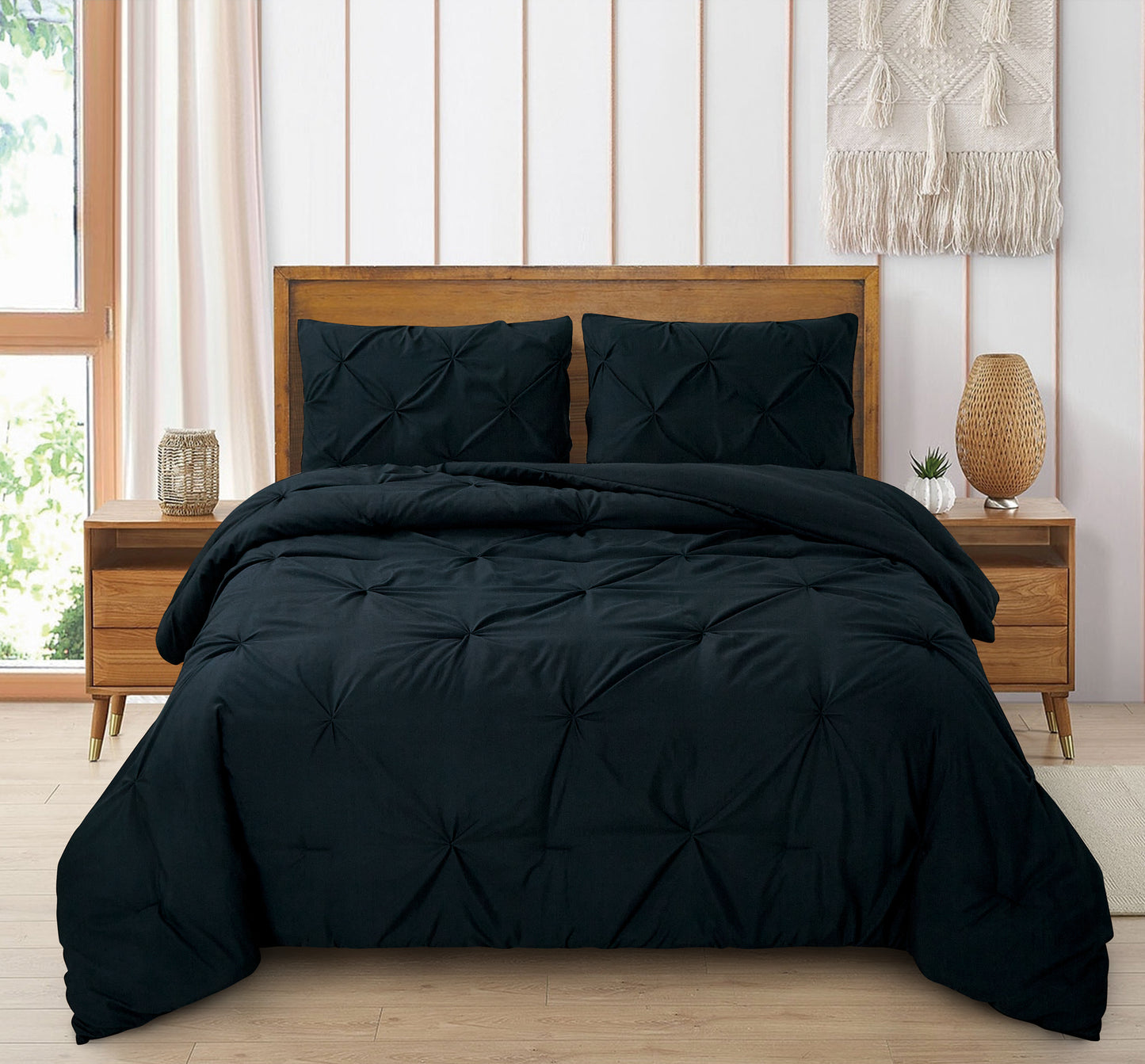 Pintuck Soft Luxury Fluffy Goose Down Alternative Solid Geometric Tufted Bedding Pinch Pleated Comforter Set, Black Color
