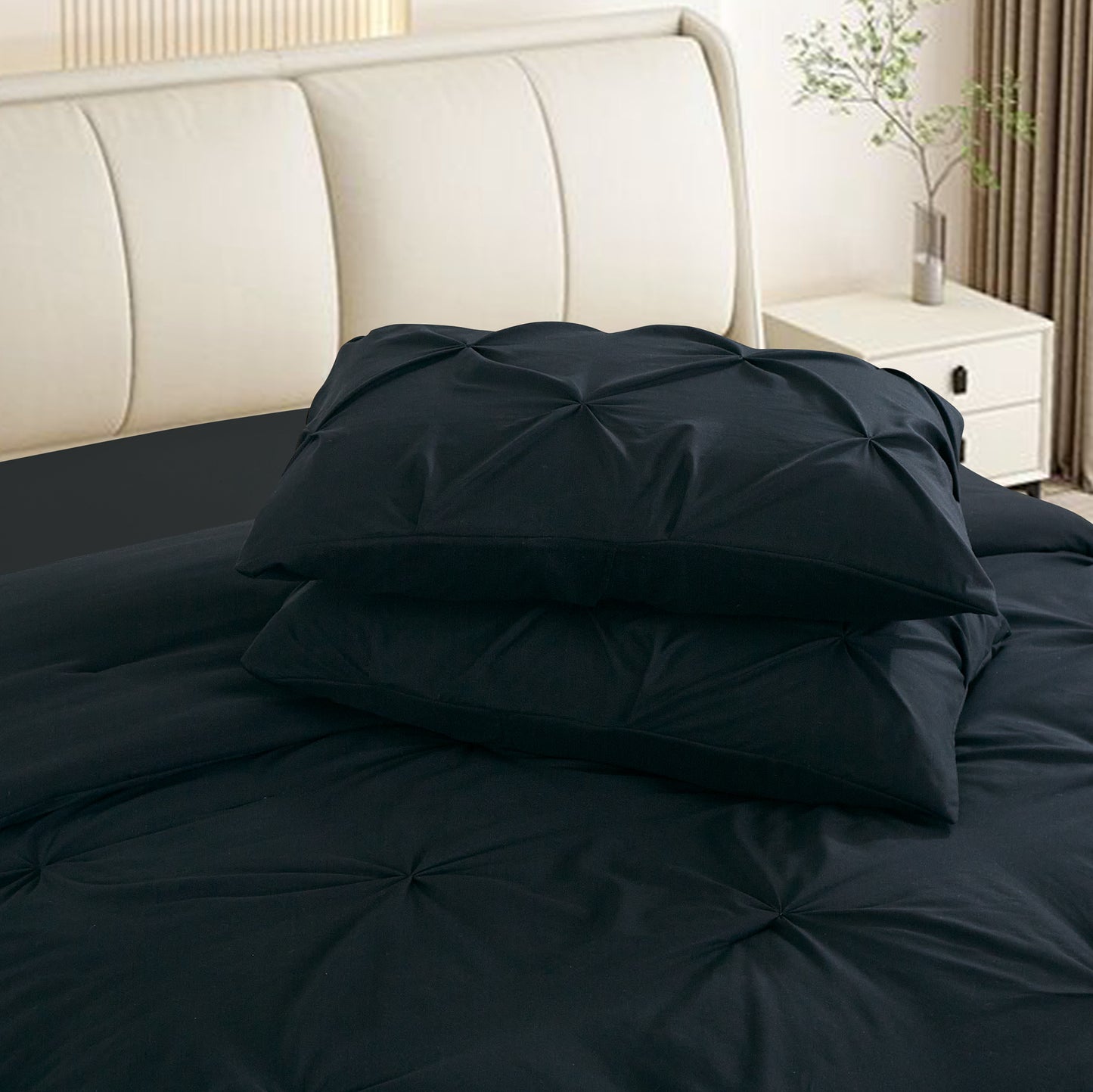 Pintuck Soft Luxury Fluffy Goose Down Alternative Solid Geometric Tufted Bedding Pinch Pleated Comforter Set, Black Color