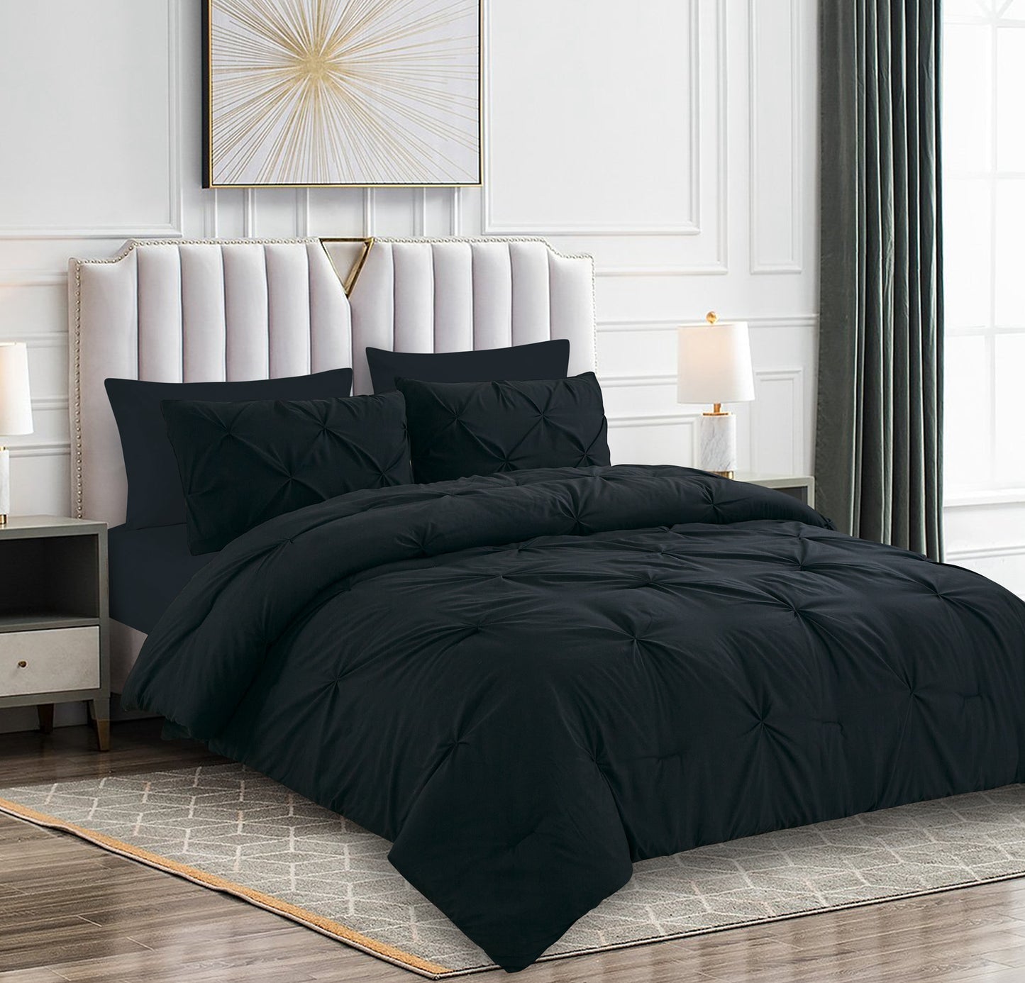 Pintuck Soft Luxury Fluffy Goose Down Alternative Solid Geometric Tufted Bedding Pinch Pleated Comforter Set, Black Color