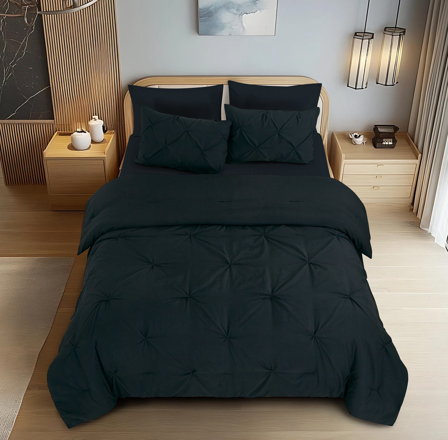 Pintuck Soft Luxury Fluffy Goose Down Alternative Solid Geometric Tufted Bedding Pinch Pleated Comforter Set, Black Color