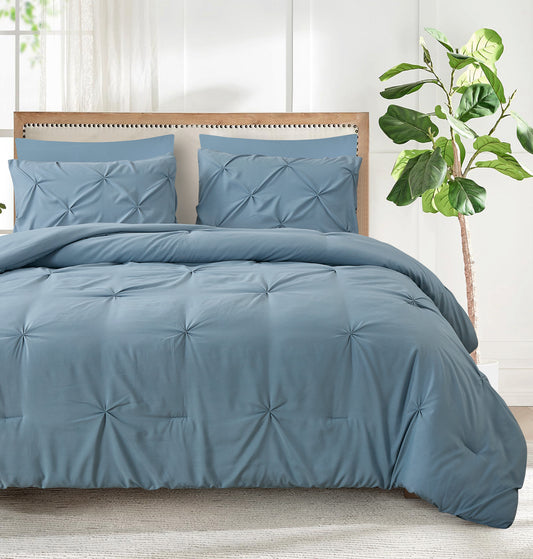 Pintuck Soft Luxury Fluffy Goose Down Alternative Solid Geometric Tufted Bedding Pinch Pleated Comforter Set, Blue