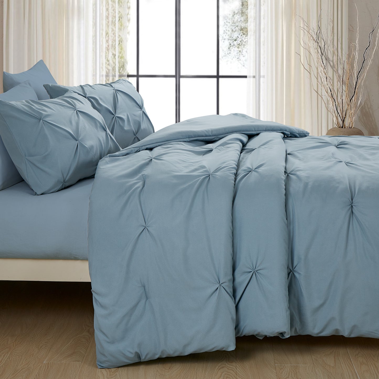 Pintuck Soft Luxury Fluffy Goose Down Alternative Solid Geometric Tufted Bedding Pinch Pleated Comforter Set, Blue
