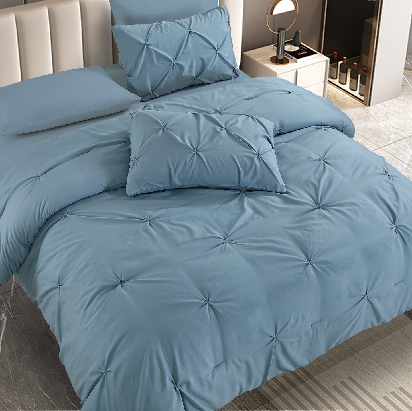 Pintuck Soft Luxury Fluffy Goose Down Alternative Solid Geometric Tufted Bedding Pinch Pleated Comforter Set, Blue