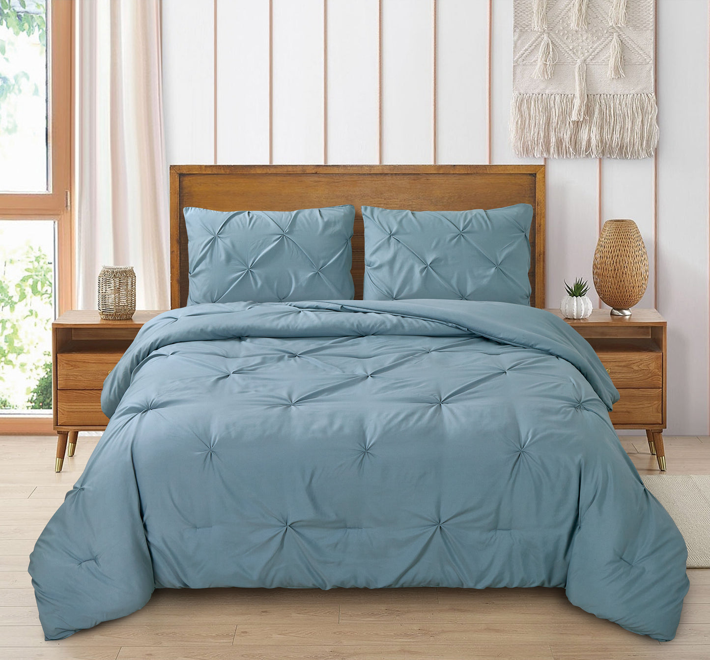 Pintuck Soft Luxury Fluffy Goose Down Alternative Solid Geometric Tufted Bedding Pinch Pleated Comforter Set, Blue
