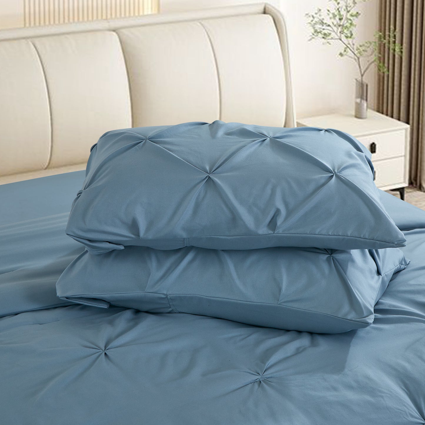 Pintuck Soft Luxury Fluffy Goose Down Alternative Solid Geometric Tufted Bedding Pinch Pleated Comforter Set, Blue
