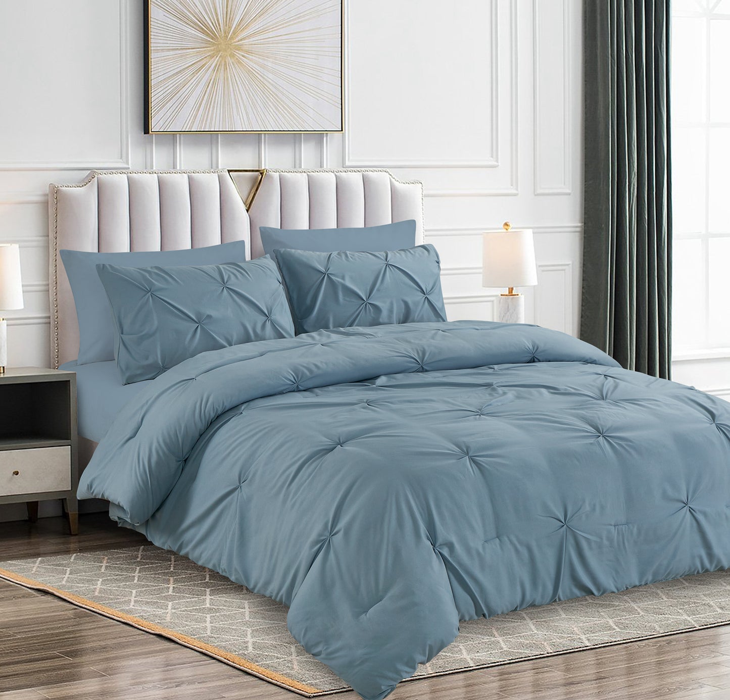 Pintuck Soft Luxury Fluffy Goose Down Alternative Solid Geometric Tufted Bedding Pinch Pleated Comforter Set, Blue