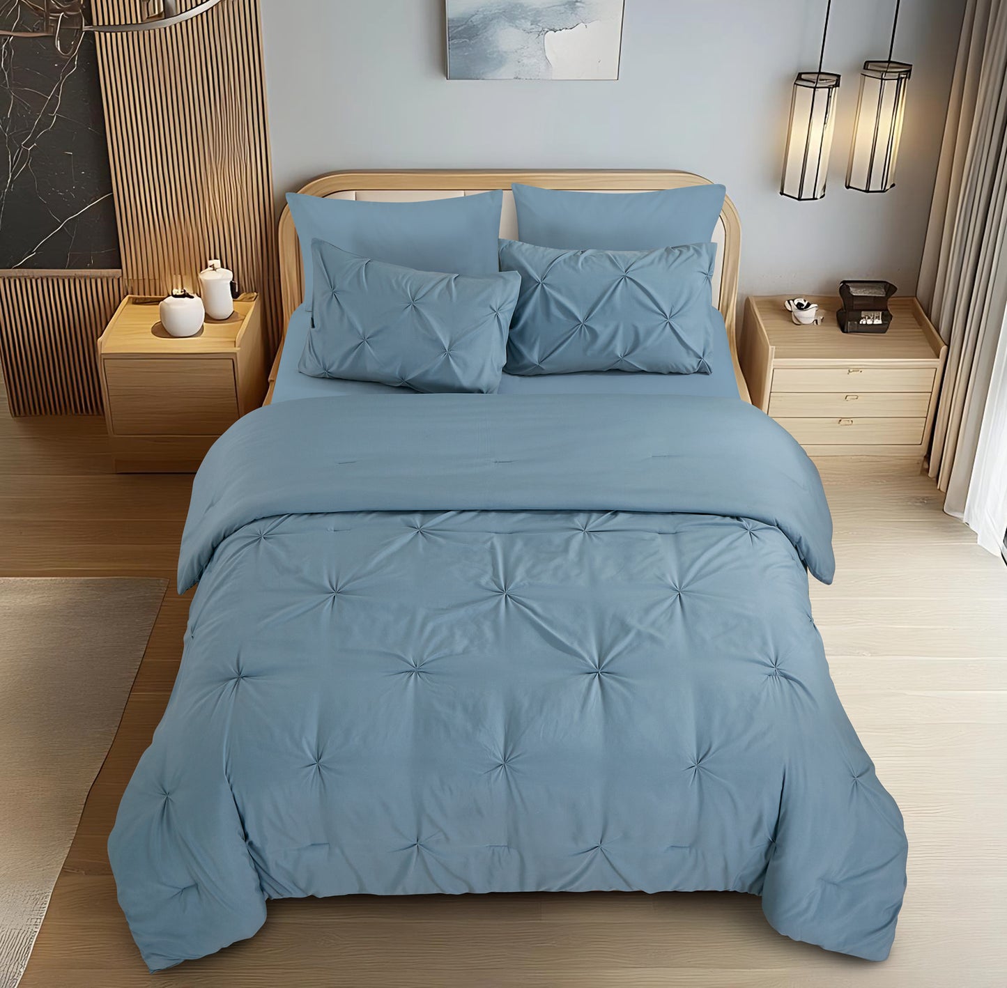 Pintuck Soft Luxury Fluffy Goose Down Alternative Solid Geometric Tufted Bedding Pinch Pleated Comforter Set, Blue