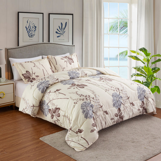 Home Decor Soft Luxury Fluffy Goose Down Alternative Bedding Printed Comforter Set, Blue Chrysanthemum Floral