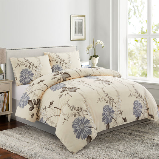 Printed Rayon from Bamboo Soft All Season Duvet Cover Fitted Sheet Ensemble Bedding Set with Zipper and Corner Tie, Blue Floral