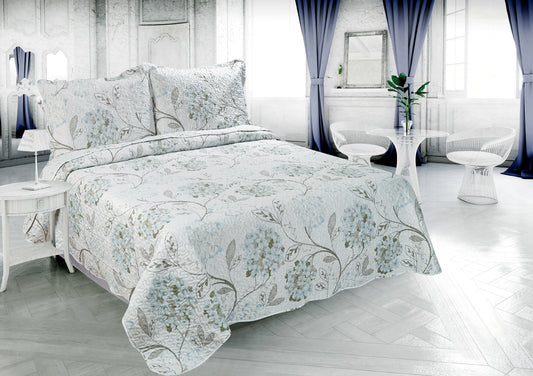 Printed Embossed Pinsonic Soft Bedding Summer Quilt Set, Blue Hydrangea Floral