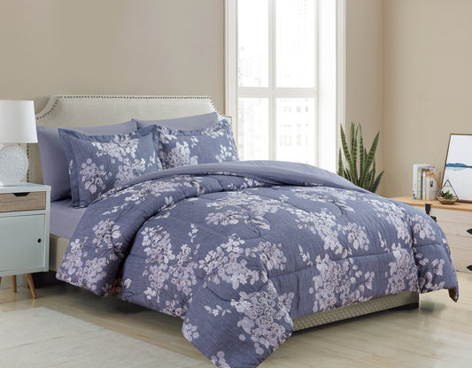 Printed Bed in a Bag Soft Luxury Fluffy Goose Down Alternative Comforter and Sheet Set, Romantic Inkwash Flowers Pattern