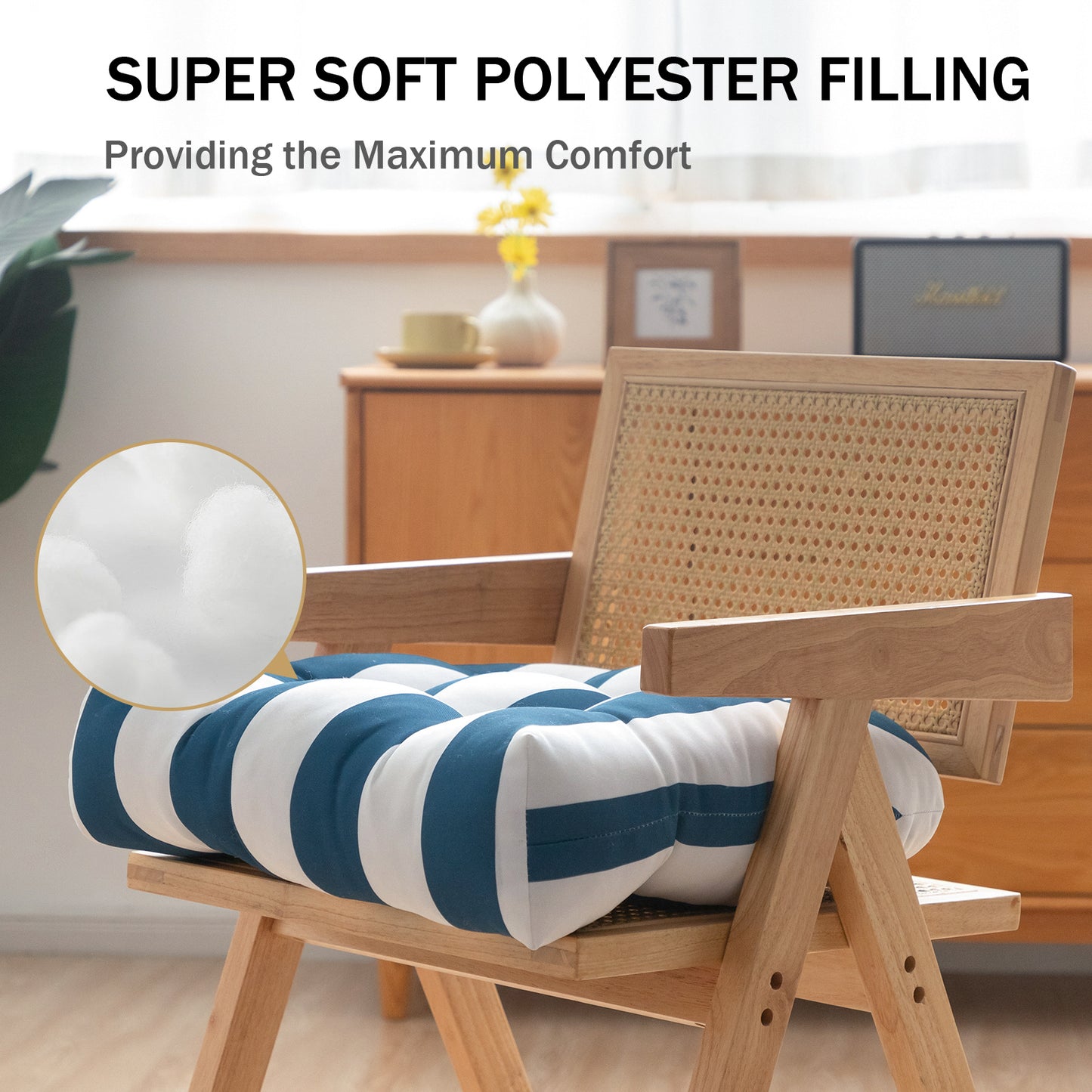 Premium Thick Comfy Seat Patio Pad Tufted Textured Printed Outdoor Chair Cushion 19 x 19 x 4 Inch, Blue White Stripes