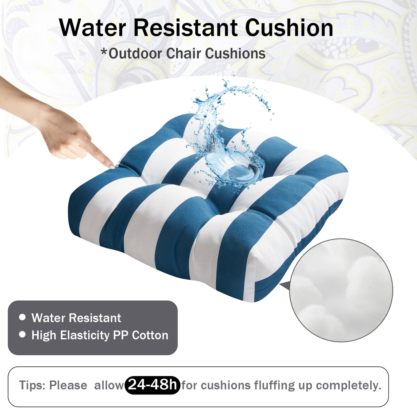 Premium Thick Comfy Seat Patio Pad Tufted Textured Printed Outdoor Chair Cushion 19 x 19 x 4 Inch, Blue White Stripes