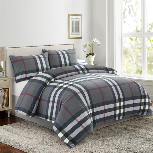 Printed Rayon from Bamboo Soft All Season Duvet Cover Fitted Sheet Ensemble Bedding Set with Zipper and Corner Tie, Grey Tartan