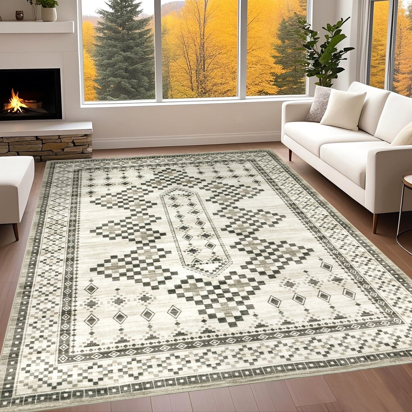 Decor Non-Slip Back Soft Area Carpet Floor Area Rug Indoor Accent Decorative Mat, Modern Vintage Boho Brown Gray Geometric Design, 5 x 7 Feet