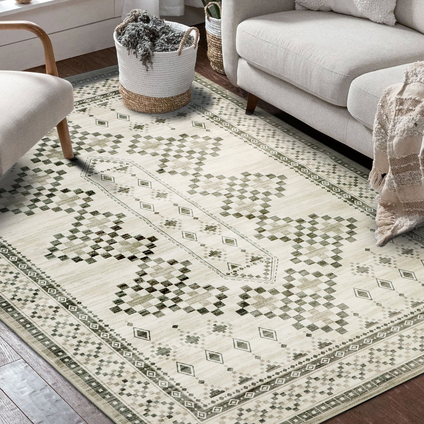 Decor Non-Slip Back Soft Area Carpet Floor Area Rug Indoor Accent Decorative Mat, Modern Vintage Boho Brown Gray Geometric Design, 5 x 7 Feet