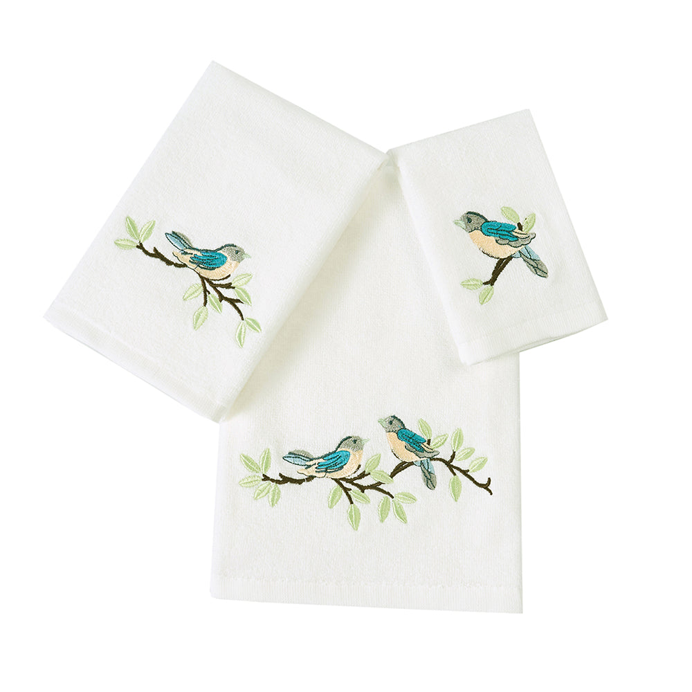 Premium Luxury Decor 100% Cotton Soft Bathroom Modern 3 Piece Embroidered Towel Set, Bird with White Base