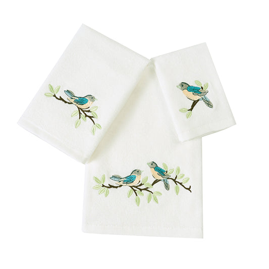 Premium Luxury Decor 100% Cotton Soft Bathroom Modern 3 Piece Embroidered Towel Set, Bird with White Base