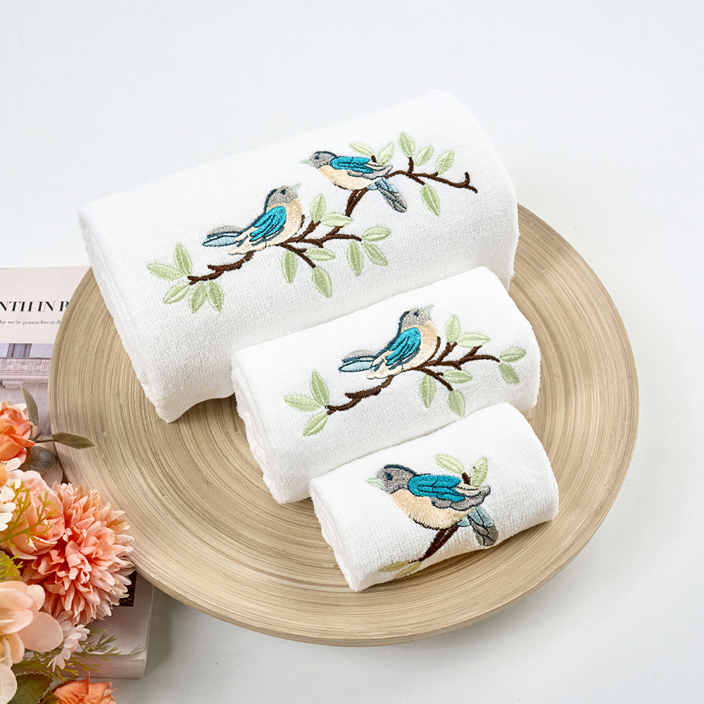 Premium Luxury Decor 100% Cotton Soft Bathroom Modern 3 Piece Embroidered Towel Set, Bird with White Base