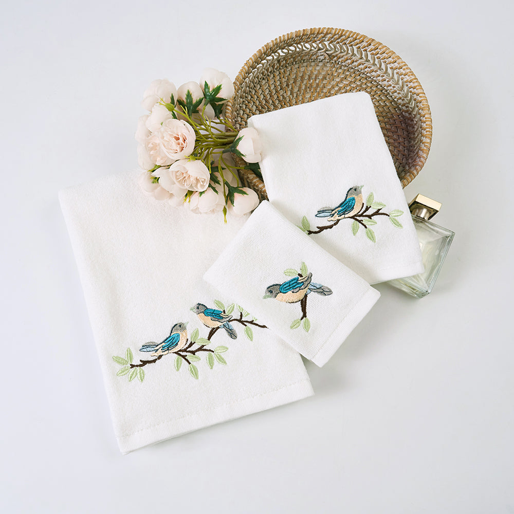 Premium Luxury Decor 100% Cotton Soft Bathroom Modern 3 Piece Embroidered Towel Set, Bird with White Base