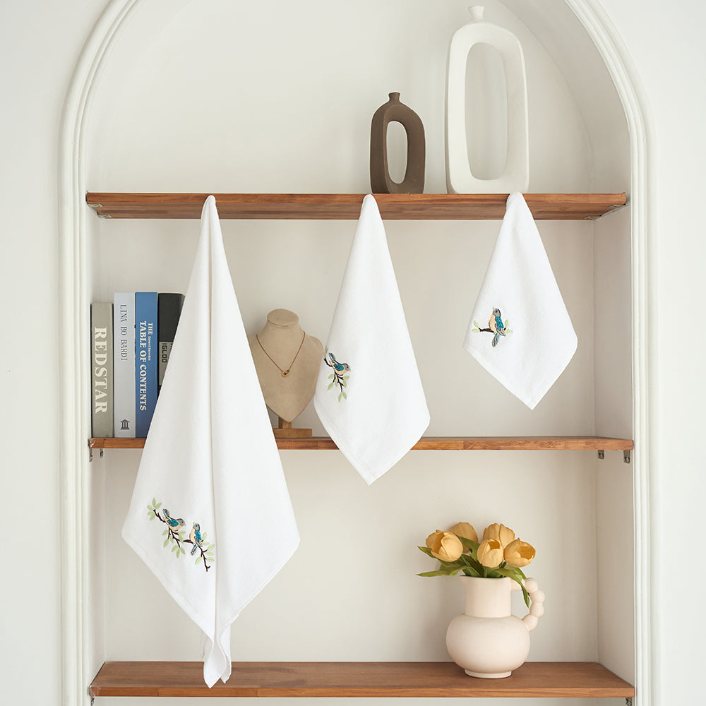 Premium Luxury Decor 100% Cotton Soft Bathroom Modern 3 Piece Embroidered Towel Set, Bird with White Base