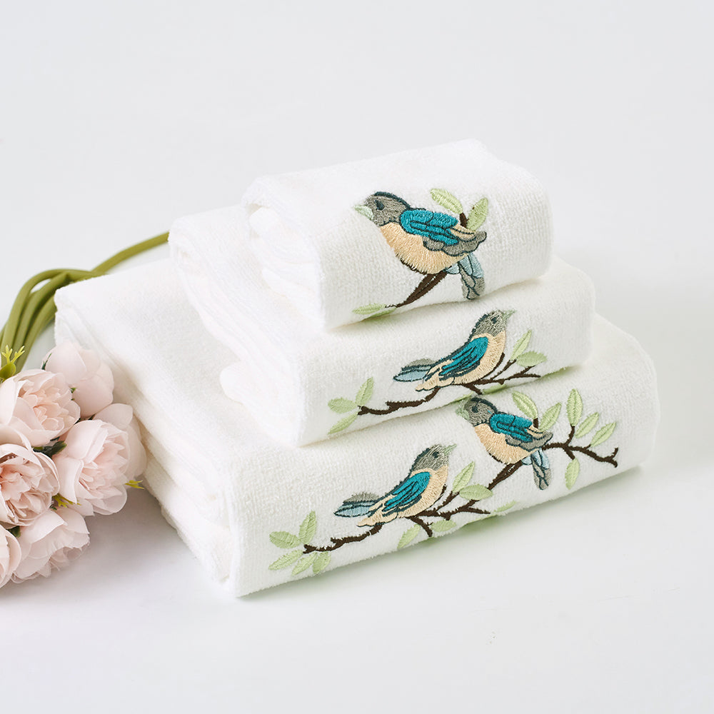 Premium Luxury Decor 100% Cotton Soft Bathroom Modern 3 Piece Embroidered Towel Set, Bird with White Base